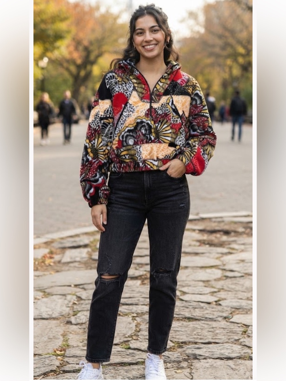 Free Movement b Free People Patterned Fleece Hoodie Jacket - Red, Black & Yellow